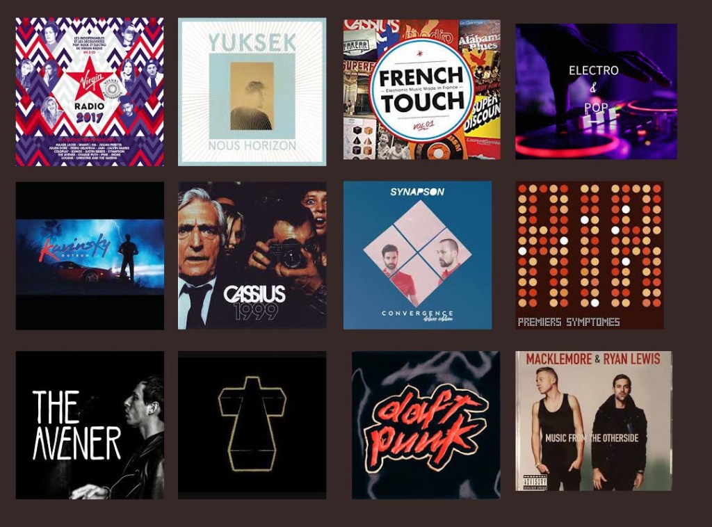 music album covers featuring artists and genres like Yuksek, Synapson, and Daft Punk, showcasing electro and pop music.