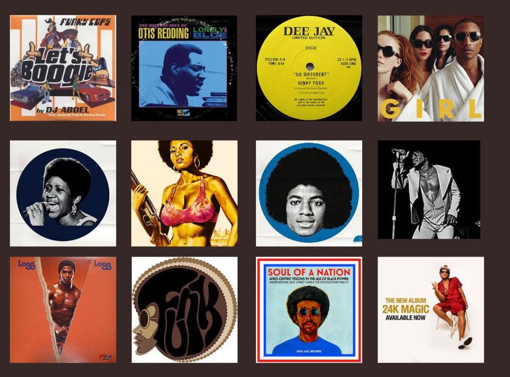 vinyl album covers featuring artists like Otis Redding, Aretha Franklin, and Michael Jackson, celebrating soul, funk, and jazz music.